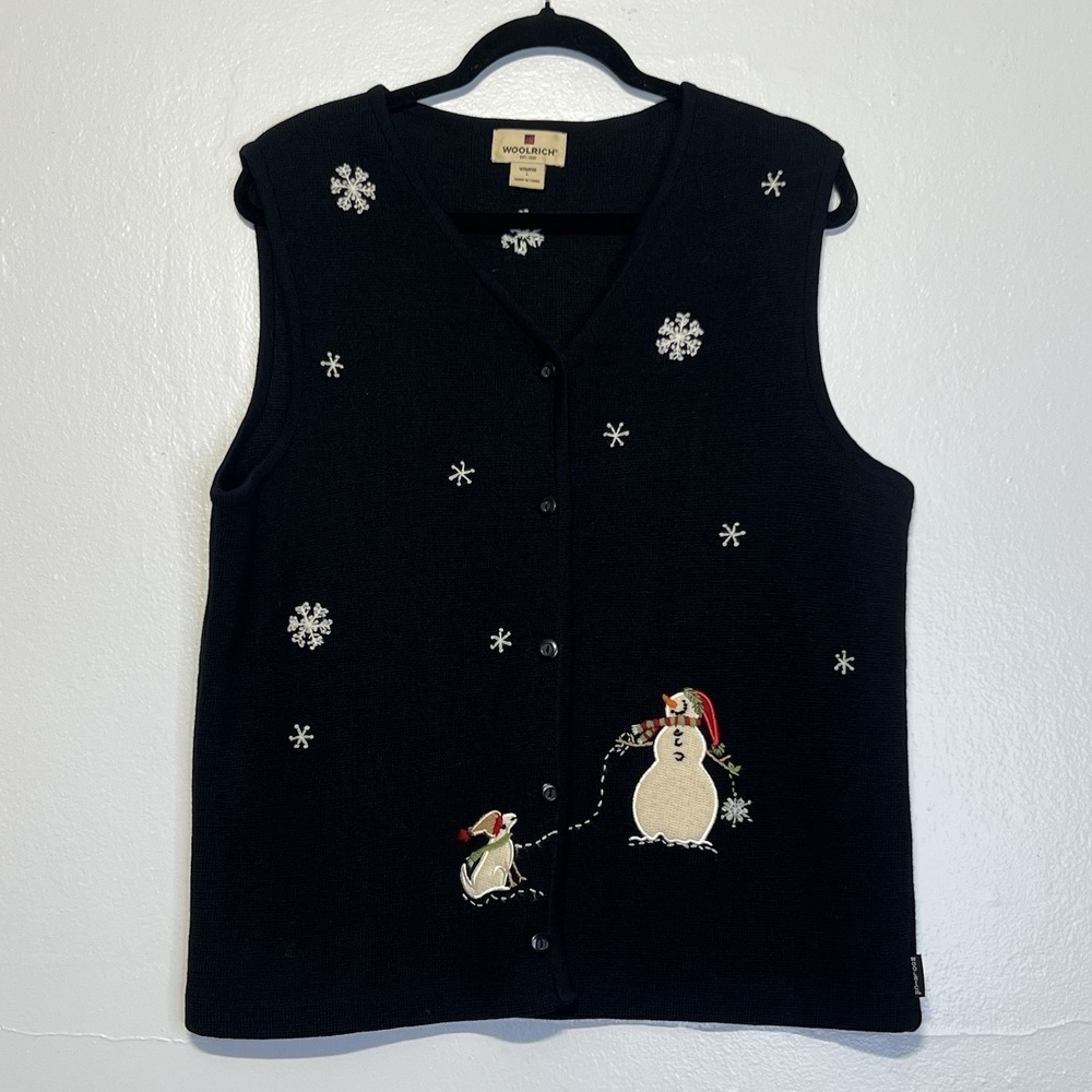 Woolrich Button Up Sweater Vest Size L Wool Appliqué Snowman Dog Holiday